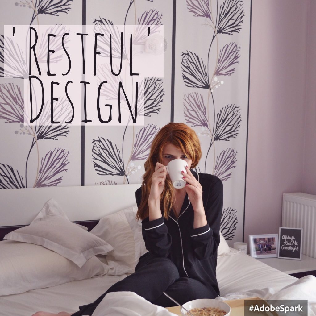 restful design with woman on bed with coffee
