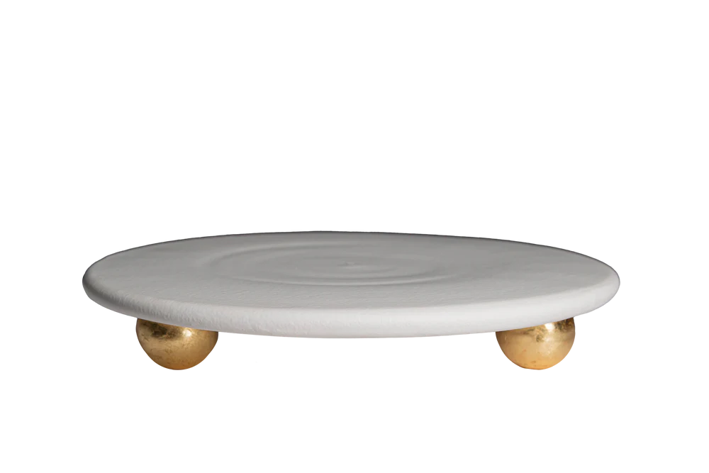 Catalina Footed Cheese / Cake Plate, Matte White, Gold Feet