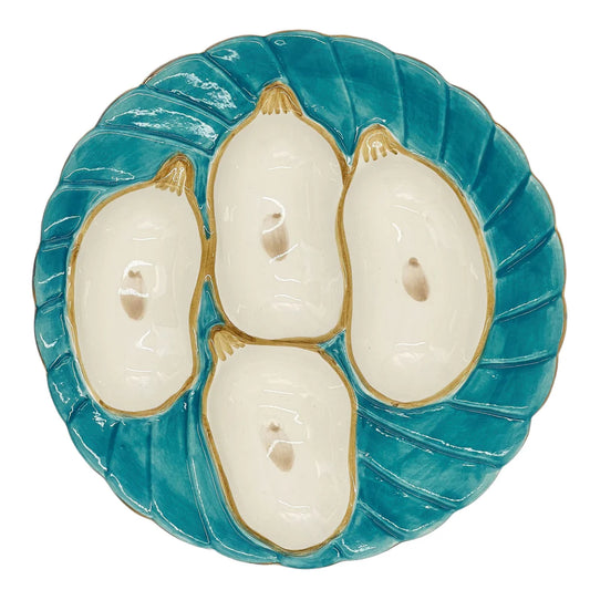 Oyster Plate, Aqua with Gold Detailing, Set of 2