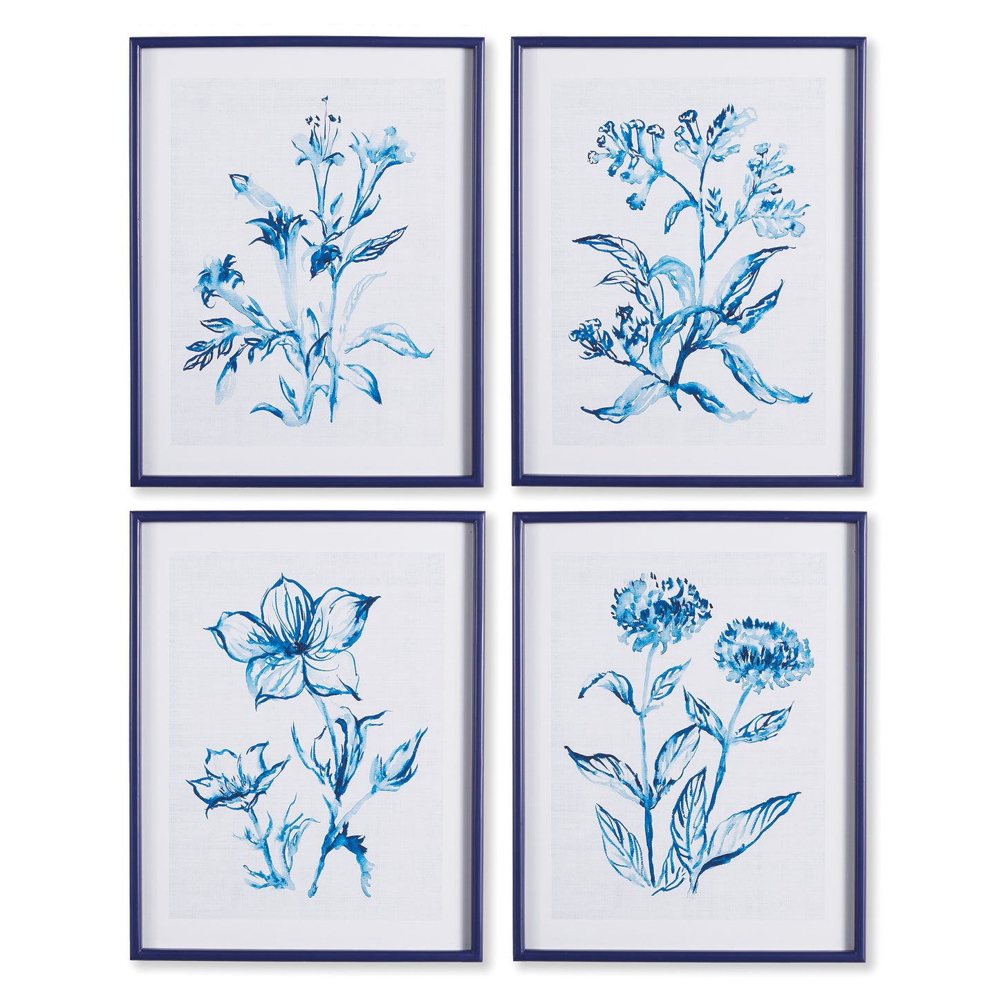 Indigo Watercolor Botanical Prints, Set Of 4