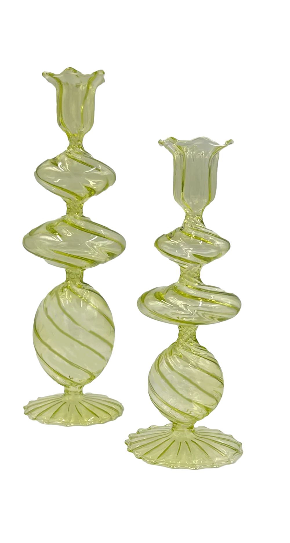 Green Swirl Glass Candlestick, Large, Set of 2