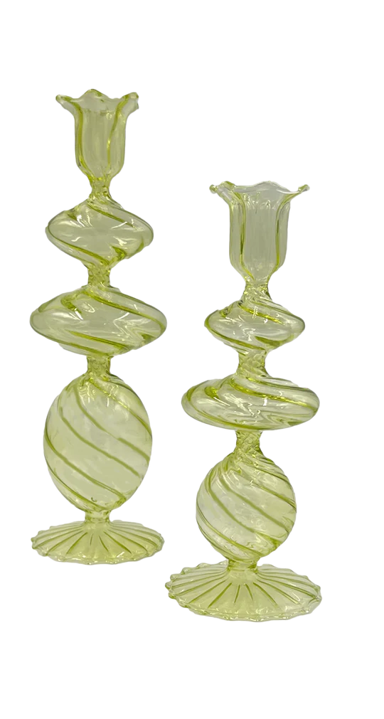 Green Swirl Glass Candlestick, Medium, Set of 2