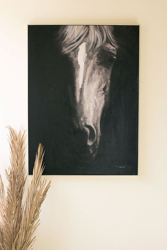 OIL PAINTING BLACK & WHITE FRONT VIEW HORSE W SILVER FRAME