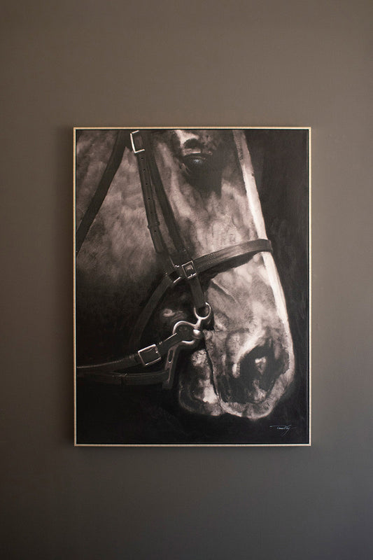 OIL PAINTING BLACK & WHITE SIDE VIEW HORSE W SILVER FRAME