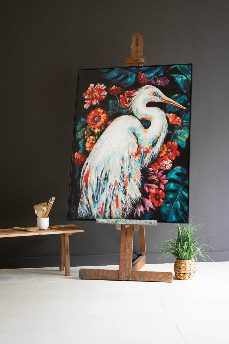 FRAMED OIL PAINTING - HERON WITH FLOWERS