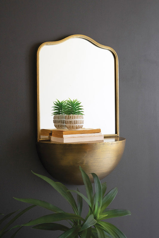 ANTIQUE BRASS METAL FRAMED MIRROR WITH DEMI-LUNE SHELF