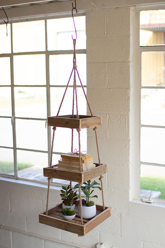 HANGING THREE TIERED SQ RECYCLED WOOD DISPLAY W JUTE ROPE