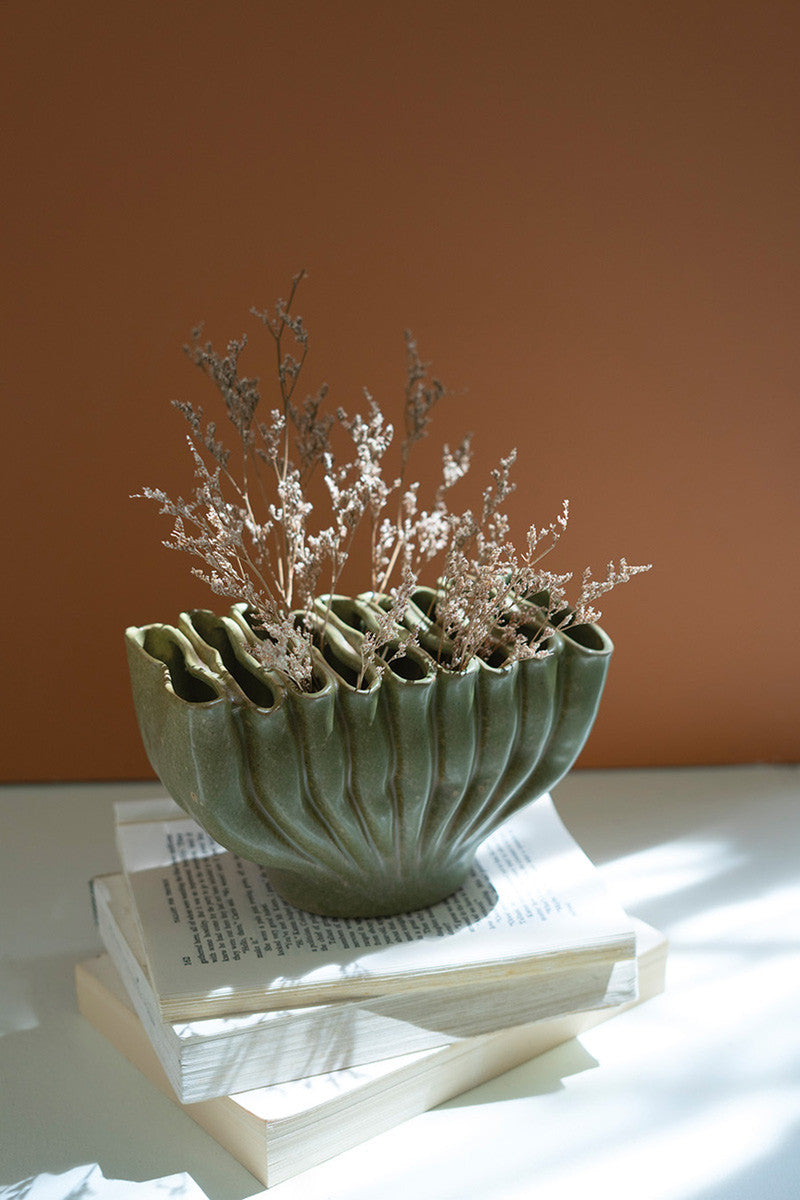 GREEN CERAMIC FOLDS VASE