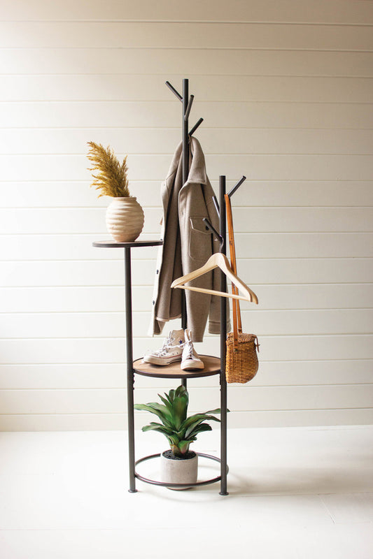 METAL AND WOOD COAT RACK WITH ROUND SHELVES