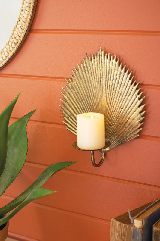 ANTIQUE BRASS PALM LEAF CANDLE SCONCE