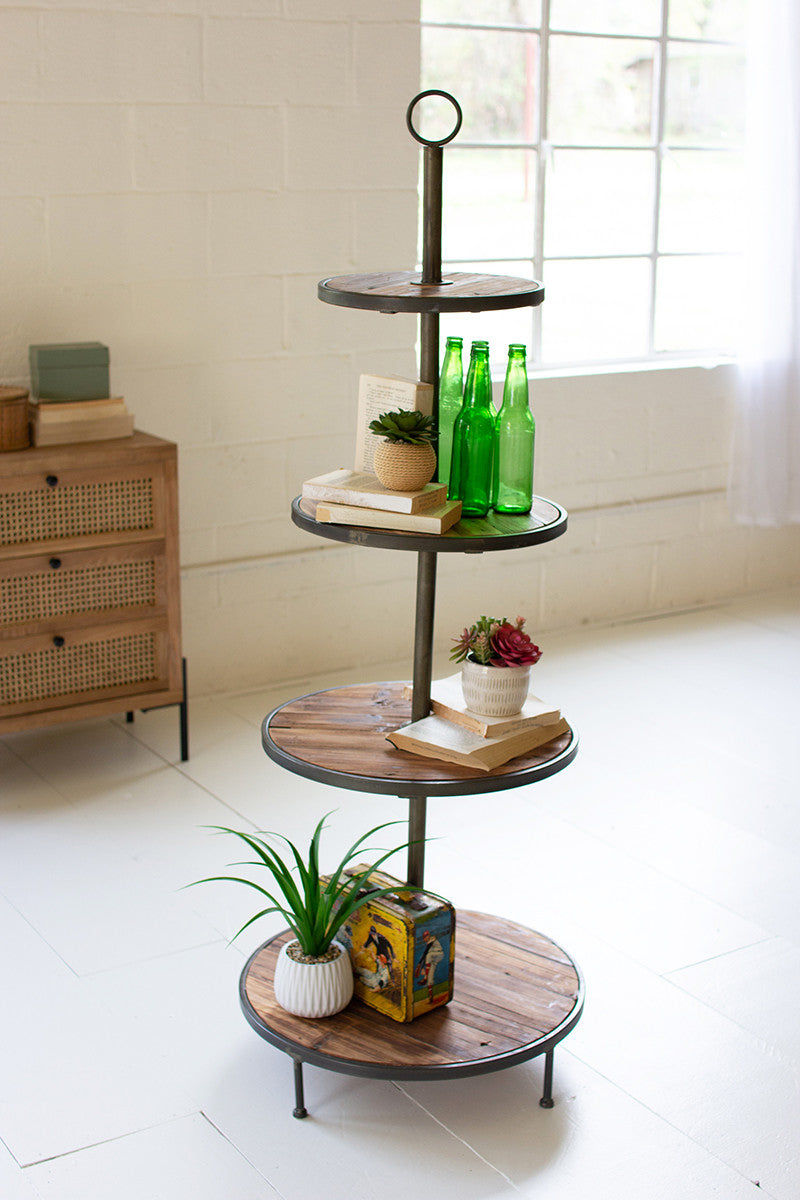 FOUR TIERED RECYCLED WOOD AND METAL DISPLAY TOWER