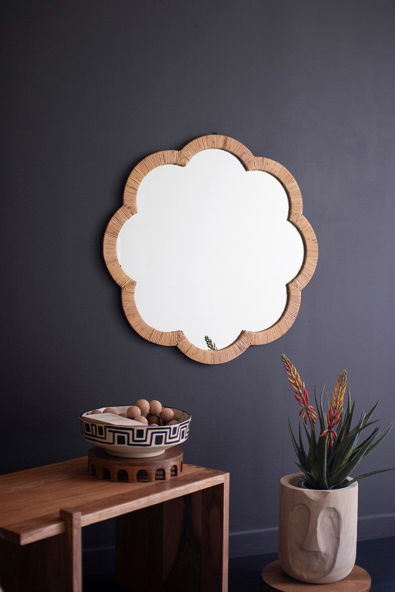 WOVEN CANE FLOWER SHAPED FRAMED MIRROR