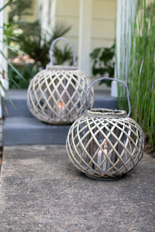 LOW ROUND GREY WILLOW LANTERN WITH GLASS - SMALL