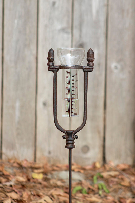 RUSTIC CAST IRON ACORN RAIN GAUGE STAKE