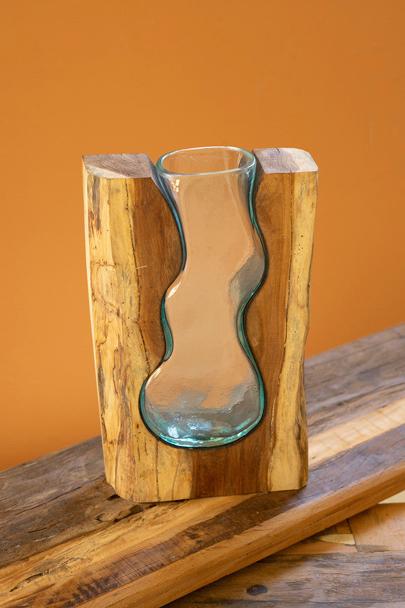 BLOWN GLASS VASE INSIDE OF TEAK WOOD - LARGE