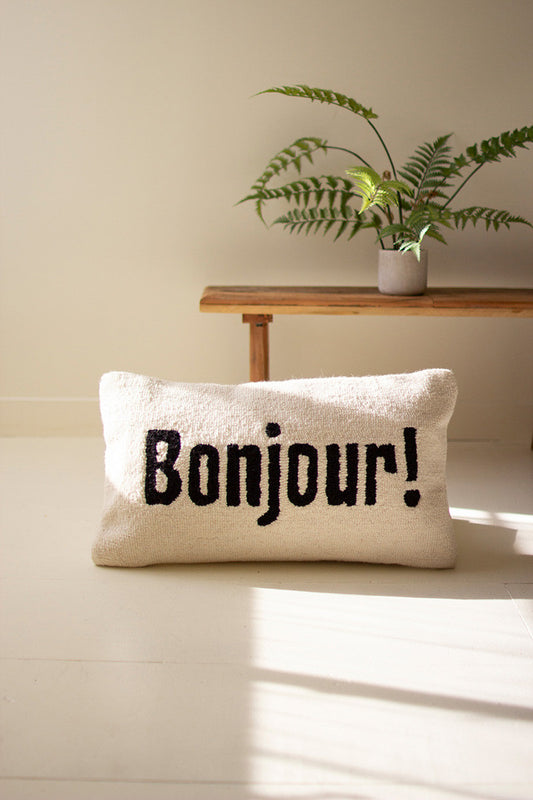 BONJOUR! HAND HOOKED PILLOW