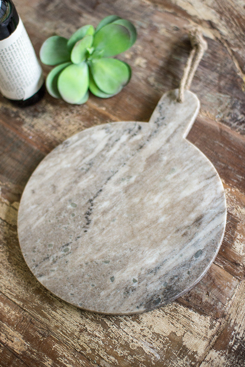 ROUND GREY MARBLE CUTTING BOARD WITH JUTE HANGER