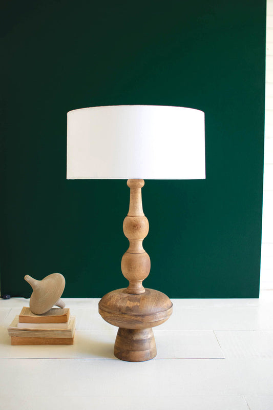 CARVED WOODEN TABLE LAMP WITH OFF-WHITE BARREL SHADE