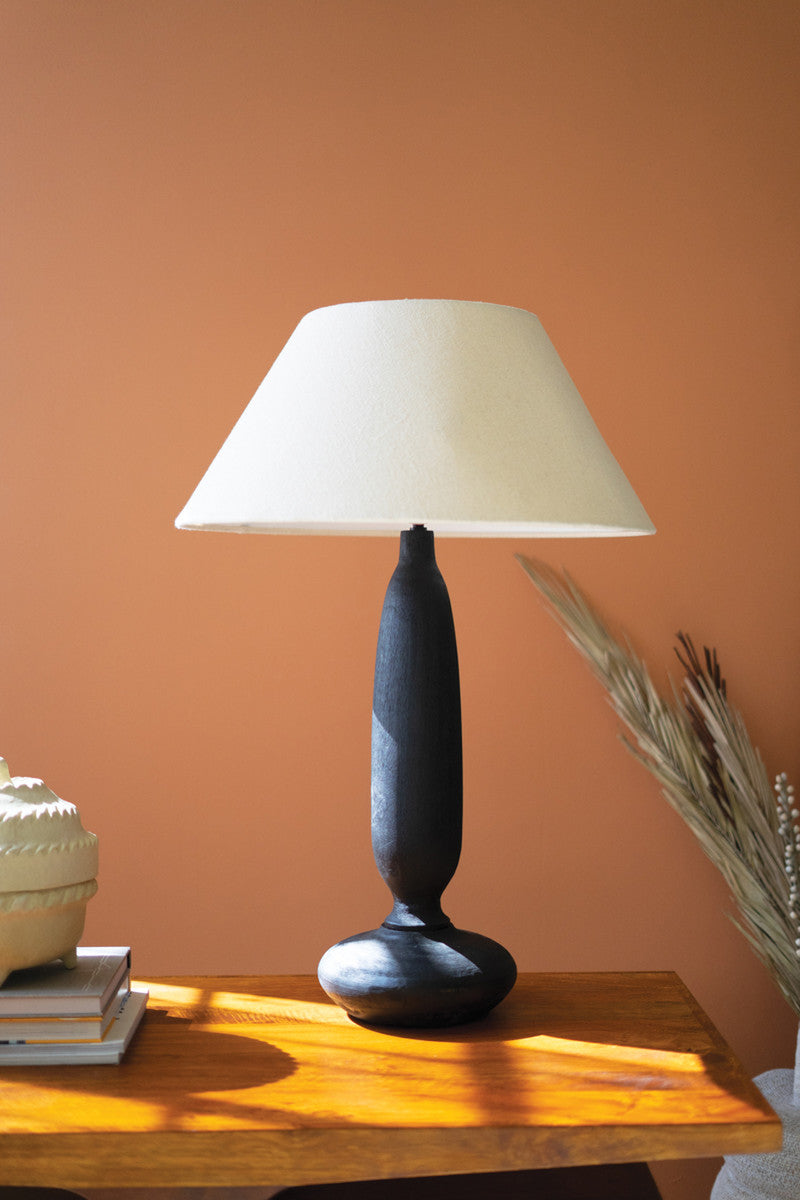 BLACK MANGO WOOD TABLE LAMP BASE W FABRIC LAMPSHADE