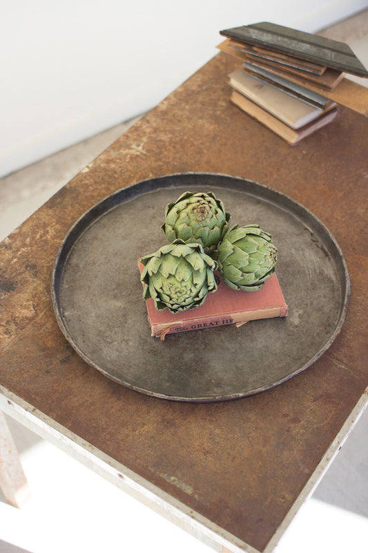 ROUND RUSTIC REPURPOSED GALVANIZED TRAY