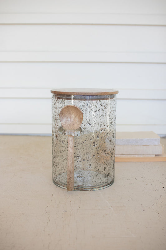 GLASS CANISTER WITH WOOD TOP AND SPOON - 10" TALL