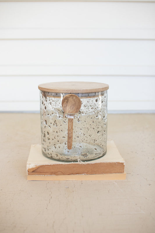 GLASS CANISTER WITH WOOD TOP AND SPOON - 6" TALL