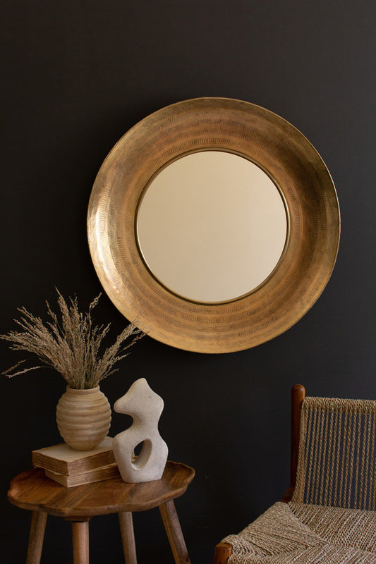 ROUND HAND HAMMERED ANTIQUE BRASS FRAME WITH MIRROR