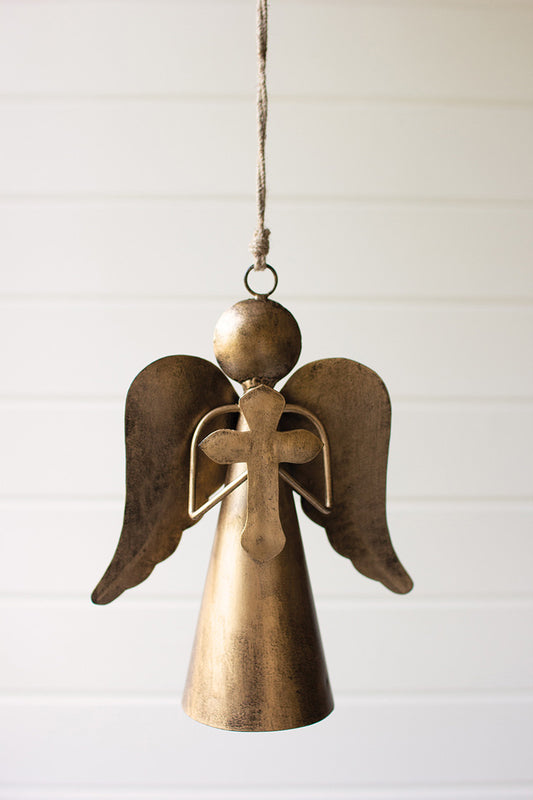 ANTIQUE BRASS ANGEL DOOR HANGER HOLDING A CROSS