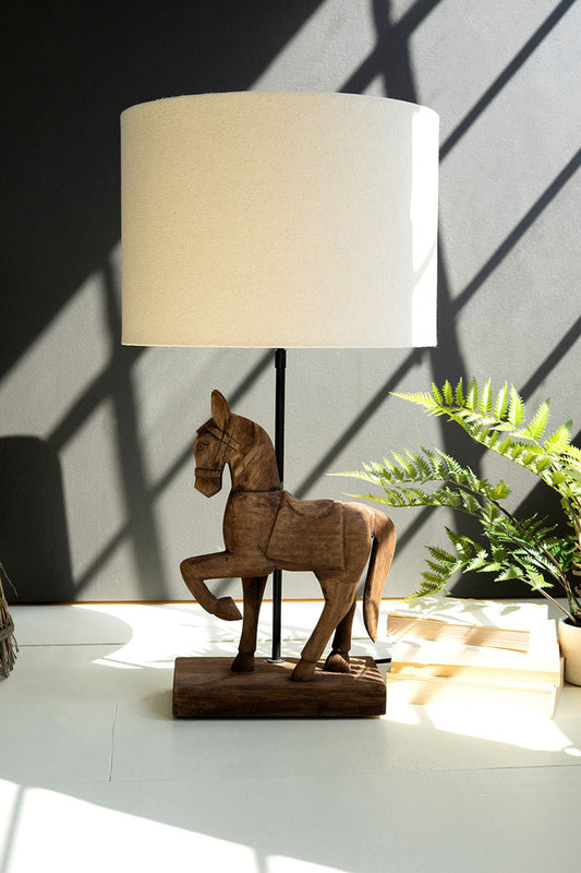 WOODEN HORSE TABLE LAMP BASE WITH SHADE